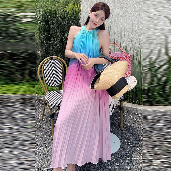 Romantic gradient sleeveless pleated long dresses