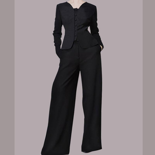 Chic solid v-neck blazers and high waist wide leg pants suits