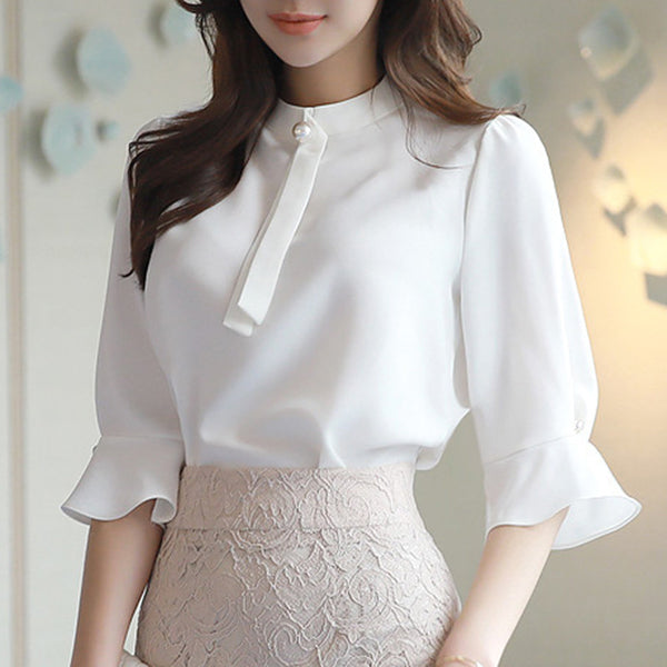 Brief mock neck flare sleeve blouses