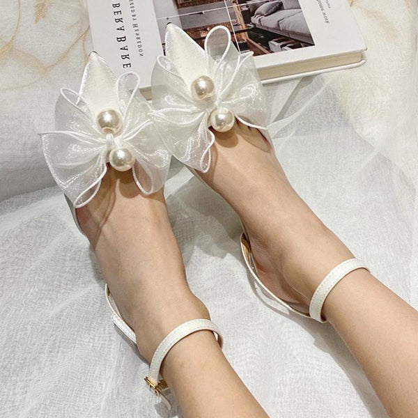 Ribbon bow knot pointed toe ankle strap heeled sandals