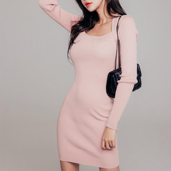 Solid long sleeve knitted sheath dresses