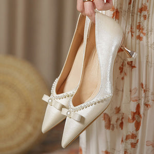 Low fronted bow tie pointed heels with pearls