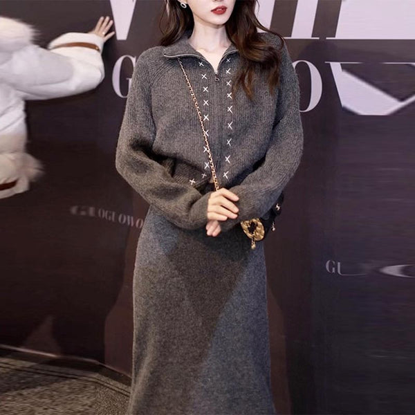 Casual grey lapel long sleeve sweaters and solid knitting skirts suits