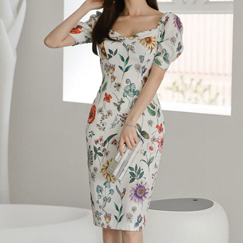 Square neck puff sleeve print bodycon dresses