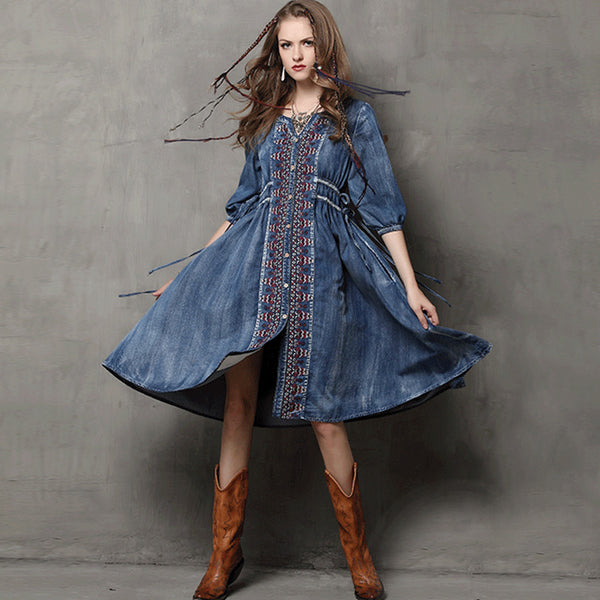 Denim embroidery single-breasted dresses