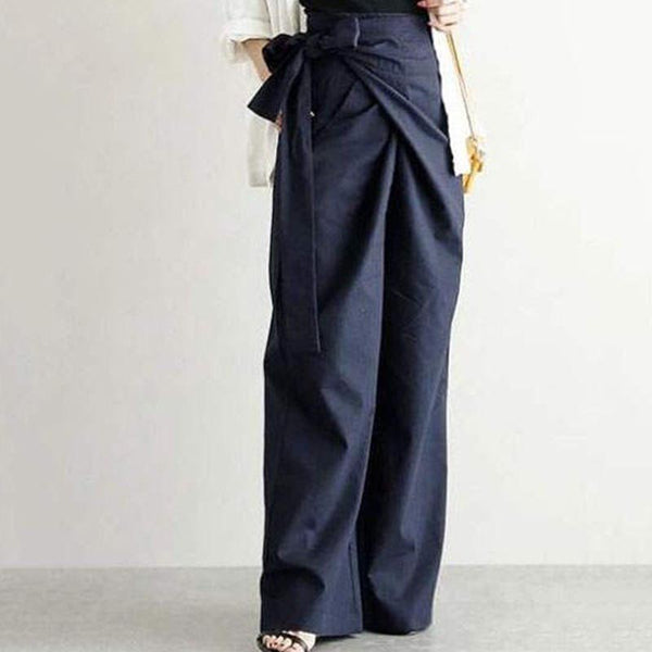 Casual high waist belted solid wide leg pants