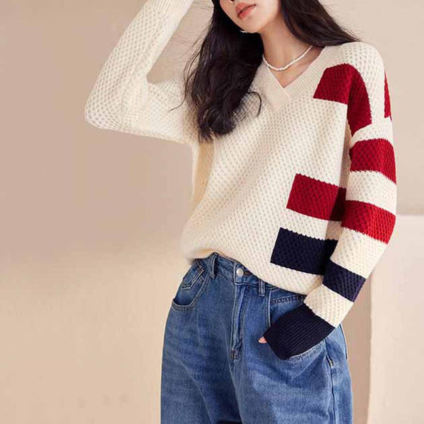 Brief stripe v-neck long sleeve sweaters