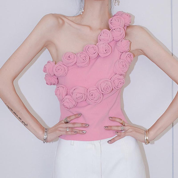 Rose flower decoration sleeveless tops
