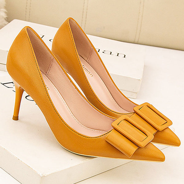 Elegant square buckle embellished pointed toe heels