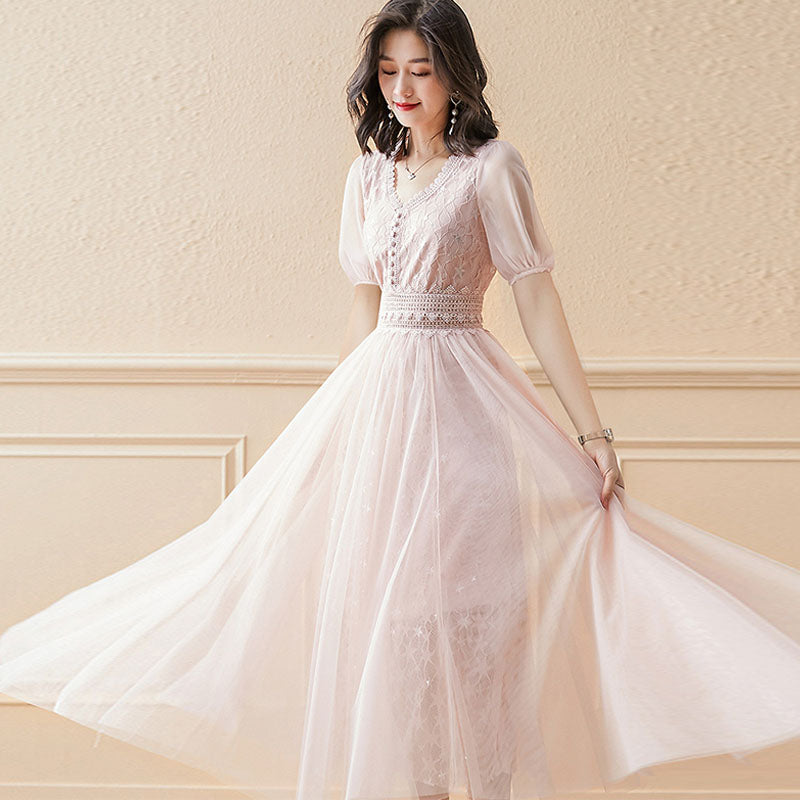 Sweetheart blush pink lace maxi tiered dress