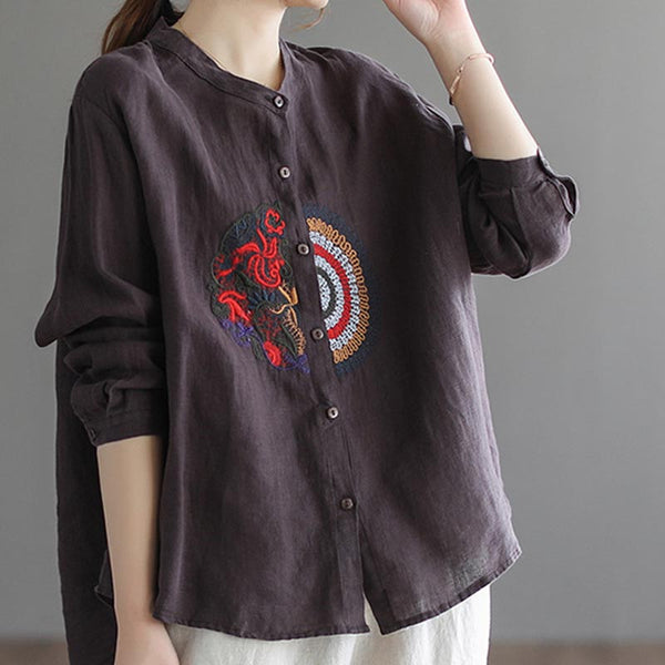 Embroidery crew neck long sleeve blouses