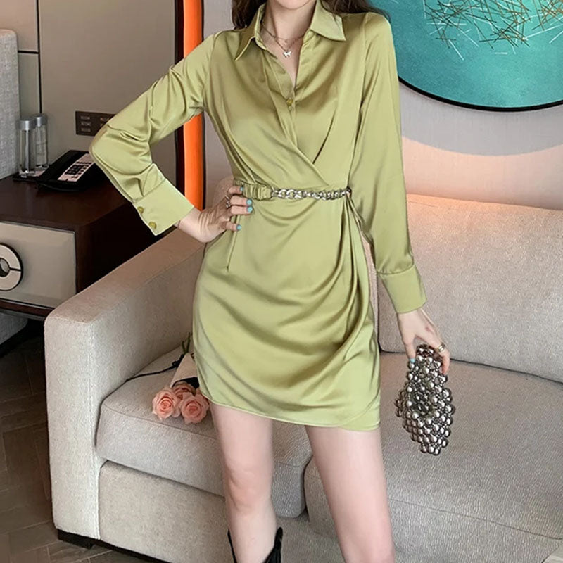Solid long sleeve belted satin mini dresses