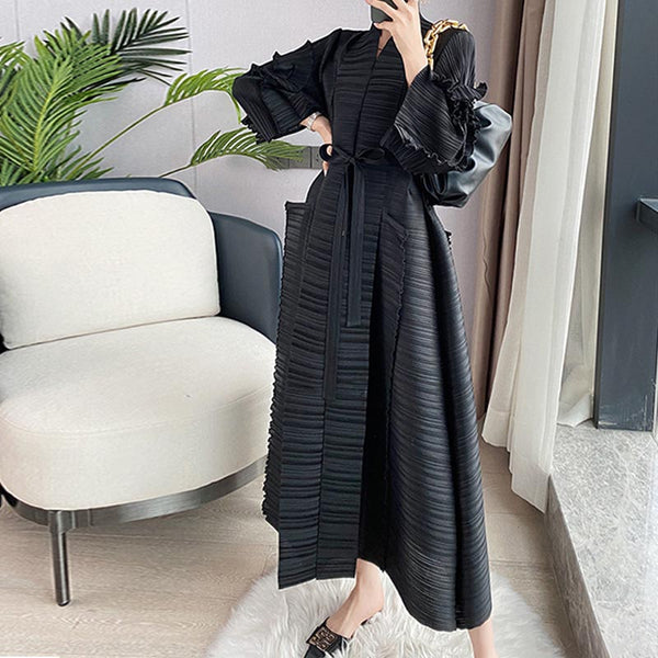 Chic shirred long sleeve belted long dresses