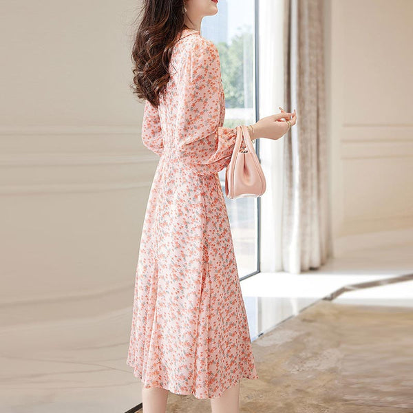 V-neck long sleeve flora midi dresses