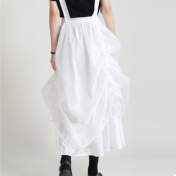 Solid elastic waist drawstring folds maxi skirts