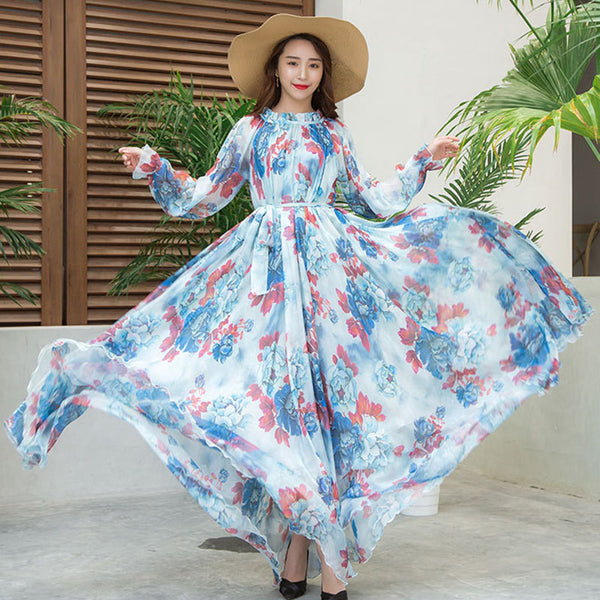 Summer floral print maxi chiffon dresses