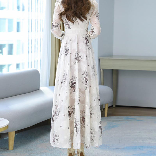 Chiffon printed tie neck gathered waist maxi dresses