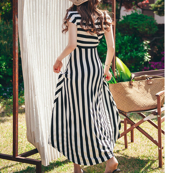 V-neck short sleeve striped a-line long dresses