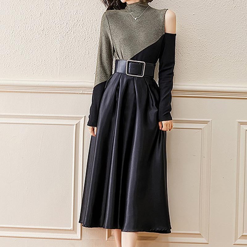 Chic color block mock neck long sleeve knitting tops and high waist a-line skirts suits