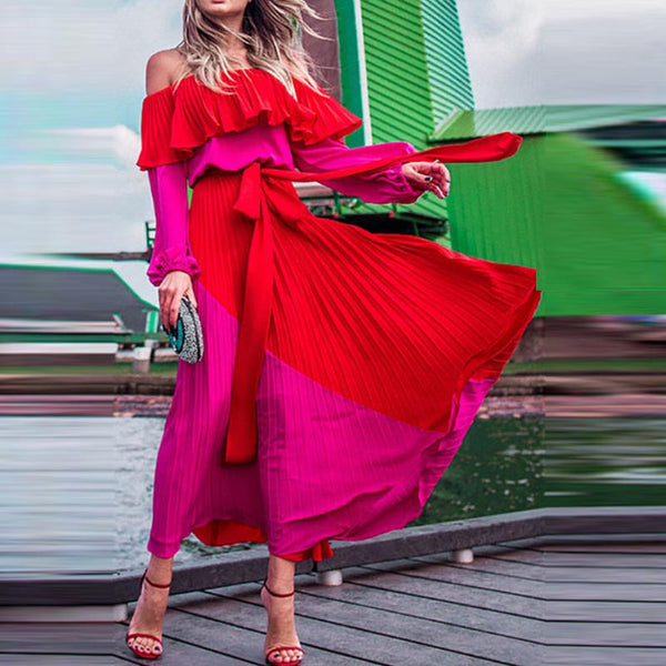 Off-the-shoulder patchwork pleated maxi dresses