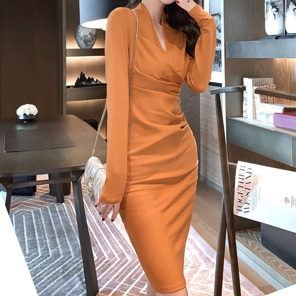 V-neck slim long sleeve shirred knee length pencil dresses