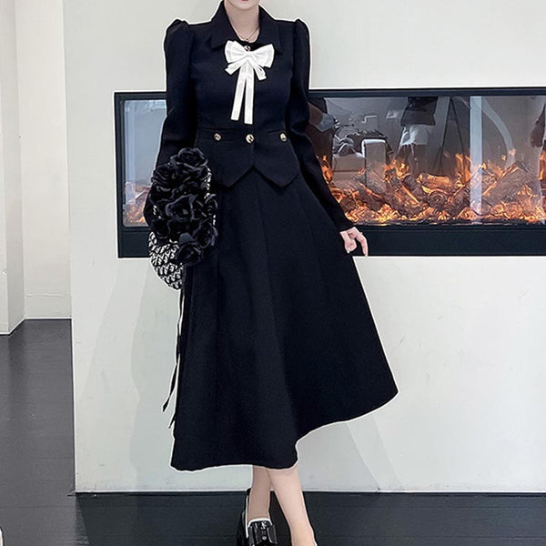 Elegant lapel bowknot long sleeve coats and high waist a-line skirts suits