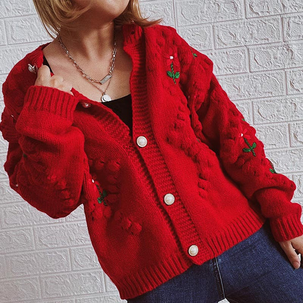 Flower embroidery long sleeve button up knitting cardigans