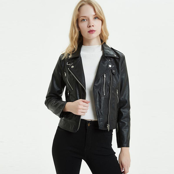 Turn-down collar zipper faux leather jackets