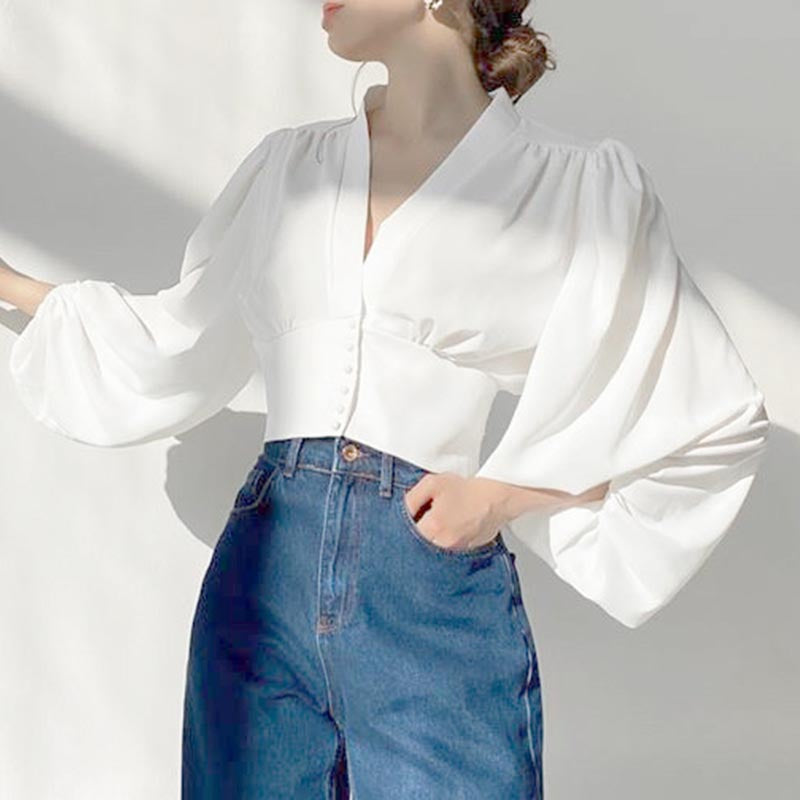 Lantern sleeve v-neck blouses with buttons