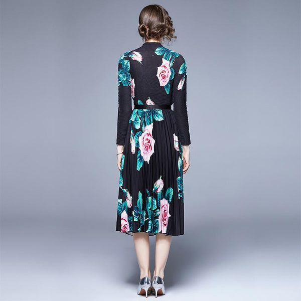 Vintage flower print mock neck tops and flower a-line pleated skirts suits