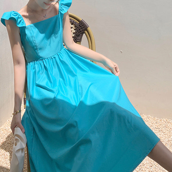 Summer Solid Sundress Square Neck Bow Decor Dress