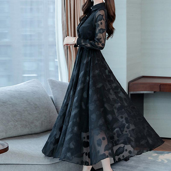 Elegant jacquard lapel long sleeve belted maxi dresses