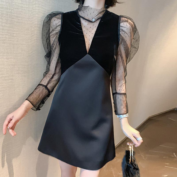 Sexy mesh see through patch long sleeve party dresses