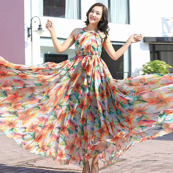 Sleeveless floral print maxi dresses