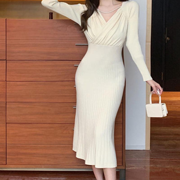 Brief solid v-neck long sleeve bodycon dresses