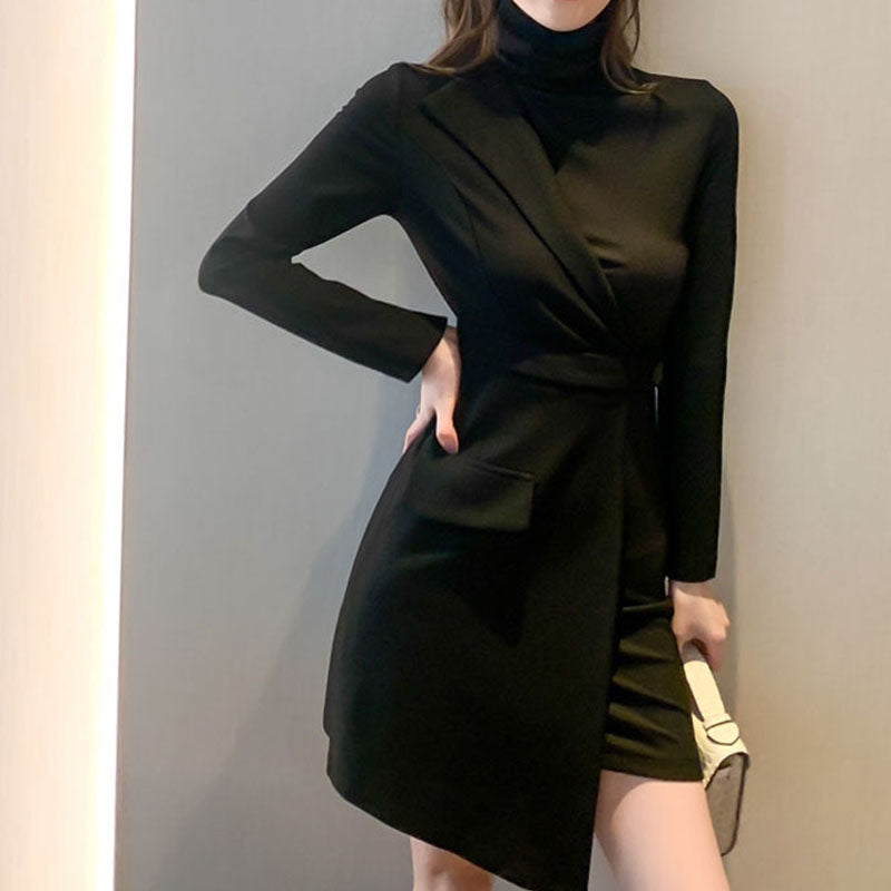 Black turtleneck long sleeve slim asymmetrical mini blazer dresses