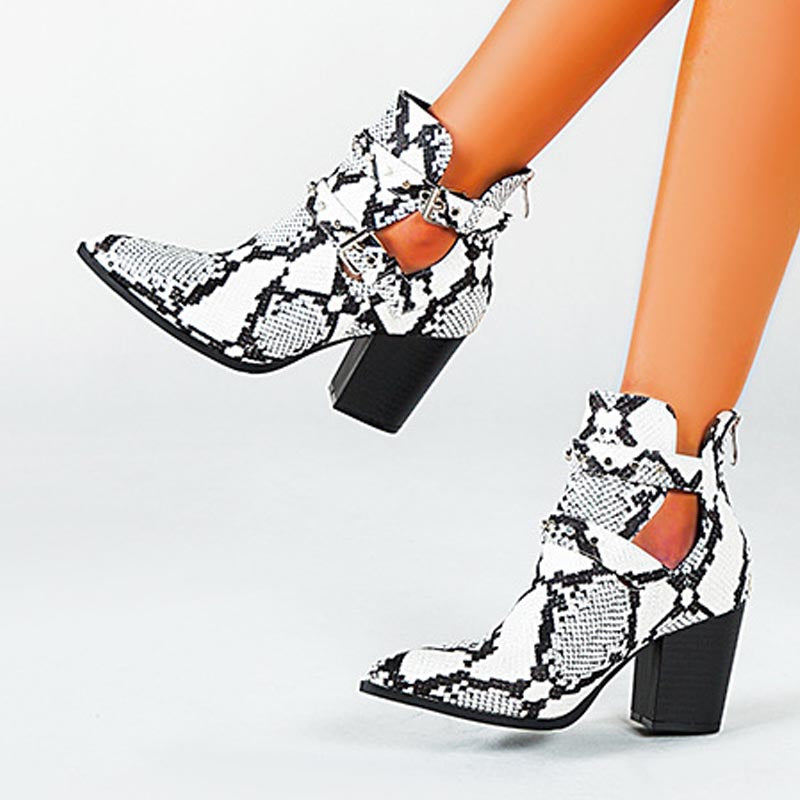 Stylish snake pattern metal buckle chunky heels ankle boots