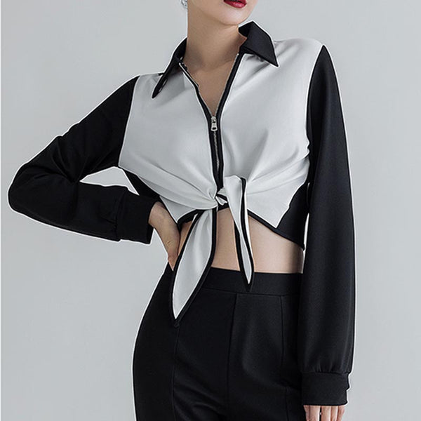 Casual colot hit long sleeve lapel front cross crop tops