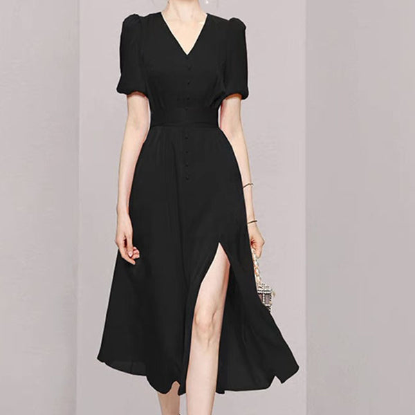 Solid puff sleeve high waisted a line dresses
