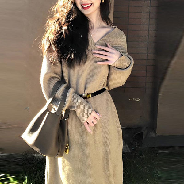 Casual v-neck long sleeve sweater dresses with belt