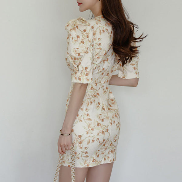 Yellow floral puff sleeve bodycon dresses