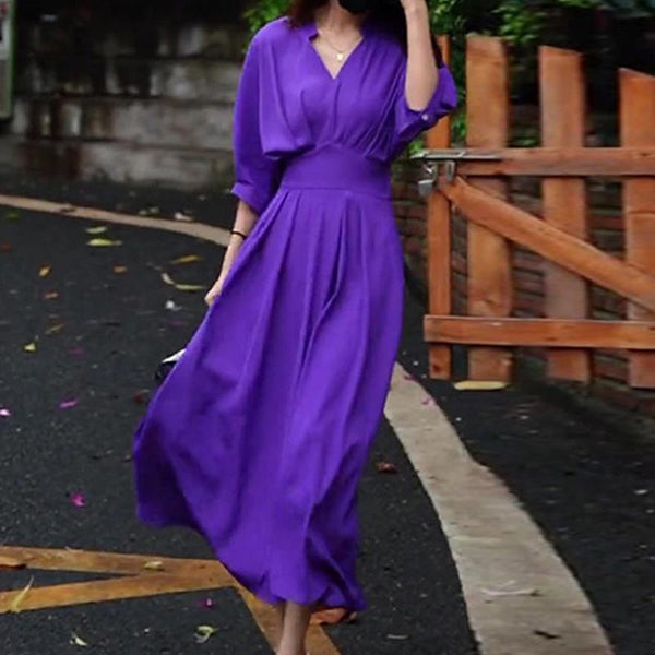 Elegant pure color v-neck party dresses