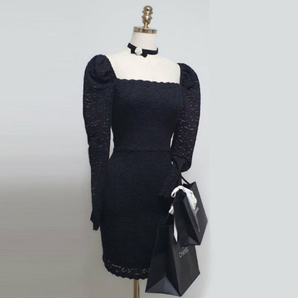 Black square neck long sleeve lace mini dresses