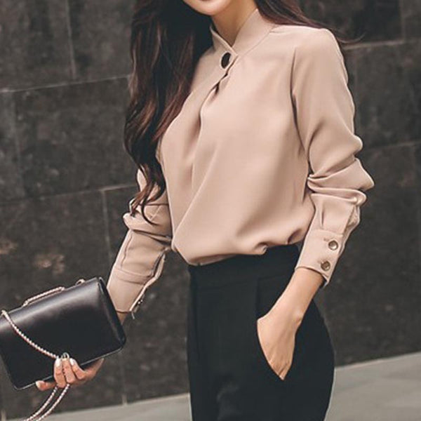 Mock neck chiffon long sleeve blouses