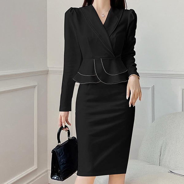 Stylish solid ruffle v-neck blazers and bodycon skirts suits
