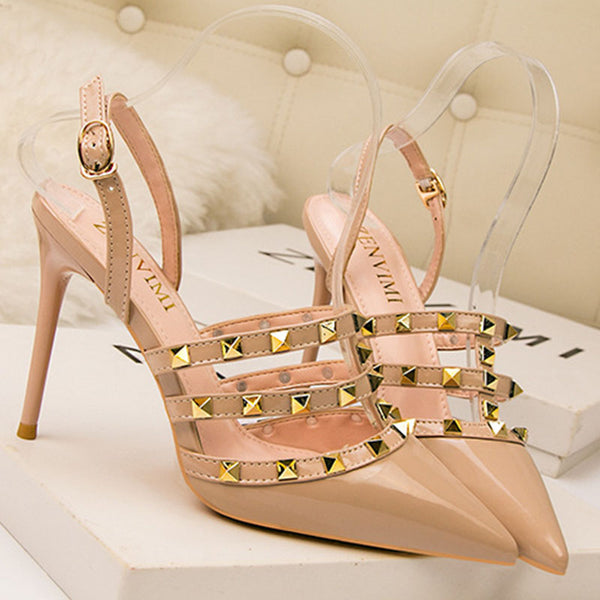 Pointed toe rivet slingback high heels