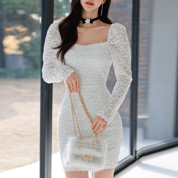 Long sleeve lace white bodycon dresses