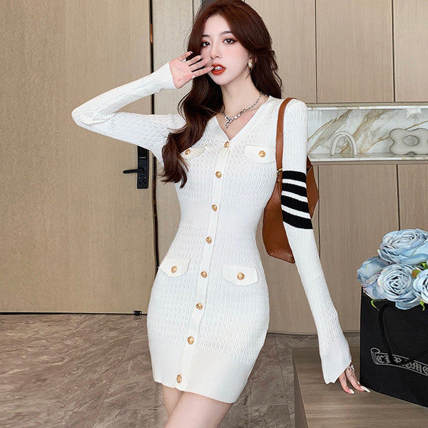 Classic single-breasted solid color knitting pencil dresses