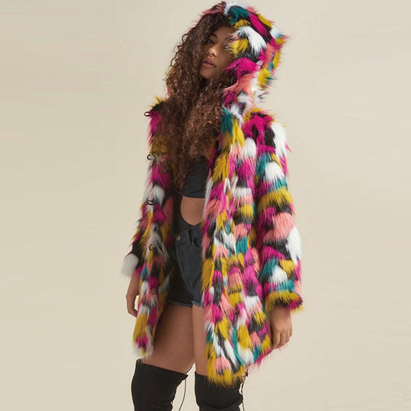 Multi color fluffy long sleeve fur coats