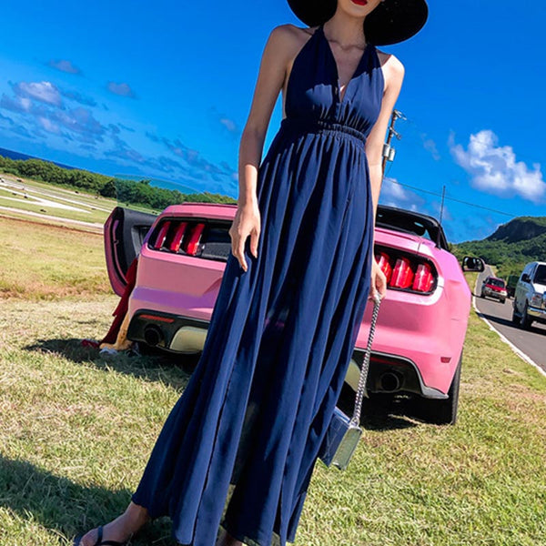 Solid halter neck split maxi dresses